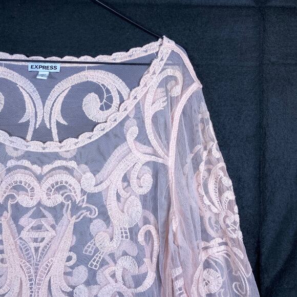 Express Womens Blouse Pink Lace Floral Mesh Sheer Long Sleeve Boat Neck Large - Picture 3 of 14